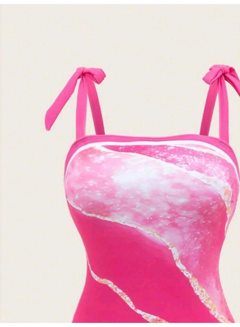 شي إن SHEIN-Swim Printed Strap Beachwear Set, Including One-Piece Swimsuit And Cover Up Skirt - Image 4